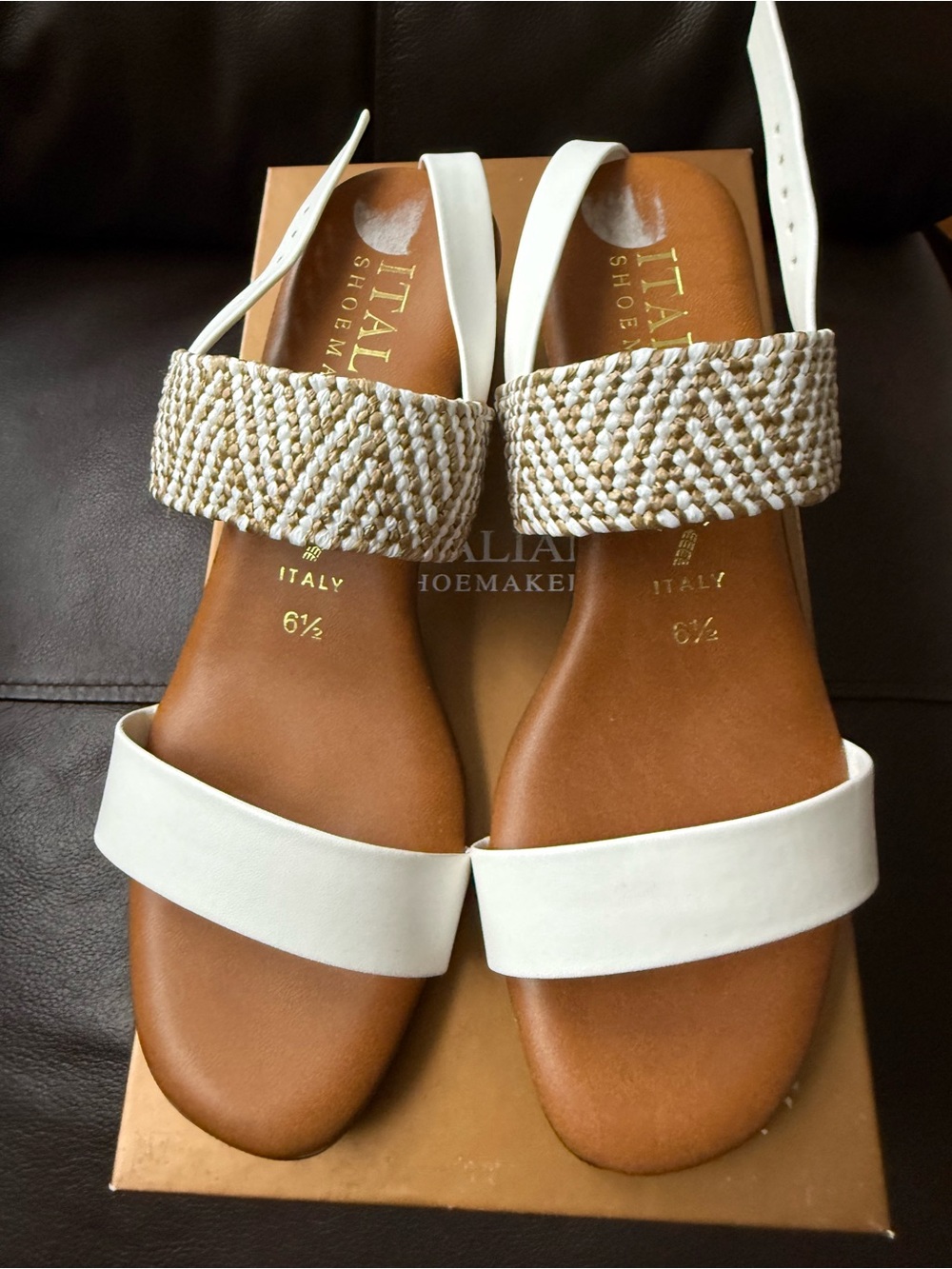 Italian Shoemakers White and Tan Braided Strap Sandals Size 6.5 - Original Box